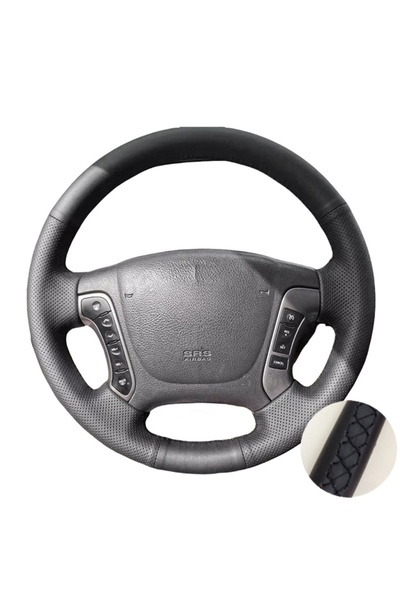 Choice غطاء جلدي مثقب بخيوط سوداء لسيارة هيونداي سانتا في موديلات 2006-2012 (...