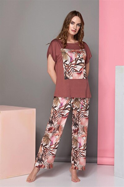 OBJE Women's Leaf Pattern Tile Leaf Pattern Pajama Set
