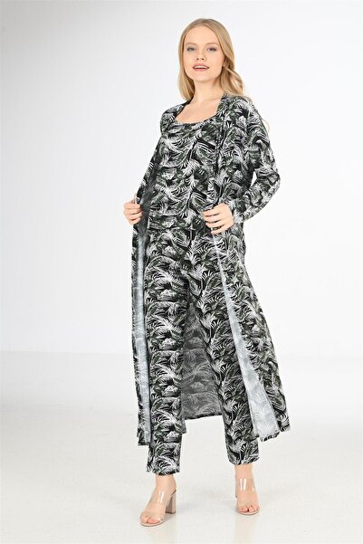 OBJE Women's Black Floral Long Sleeve Viscose Long Dressing Gown