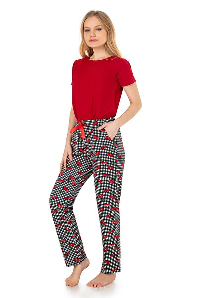 OBJE Ribbed Cherry Printed Ribbed Flat Leg Bottom