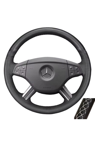 Choice غطاء عجلة قيادة سيارة مصنوع حسب الطلب من الجلد الأسود بخيط أبيض، متواف...