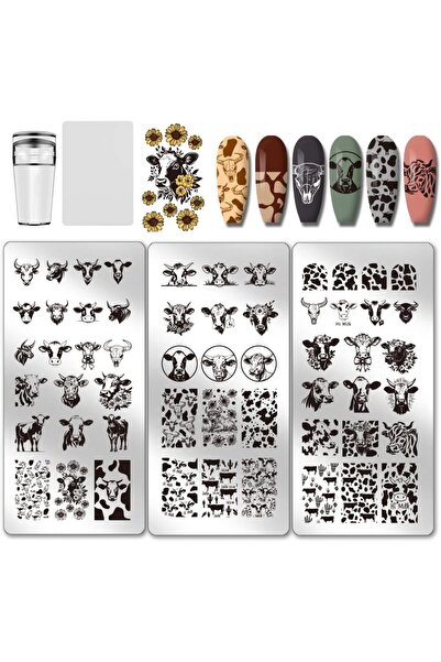 Choice AECH011-02598 3pcs Cow-Theme Nail Stamping Plates 56 Patterns Cow Spot...