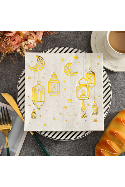 Choice 20 منديل أبيض متعدد الألوان، مقاس 33 سم × 33 سم، بنقوش هلال ذهبية، منا...