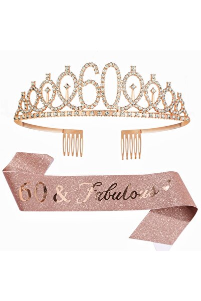 Choice Cs-Rose Gold-60 Birthday Tiara Crown Sash Women Girls 18Th 21St 30Th 4...