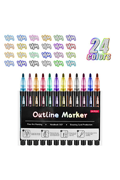 Choice قلم تحديد معدني لامع ذو 24 لونًا (8-48 لونًا) - قلم تحديد مزدوج الخطوط...