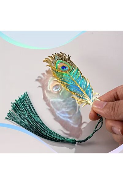 Choice فاصل كتب معدني أخضر على الطراز الصيني مزين بريشة طاووس شفافة وشرابة - ...