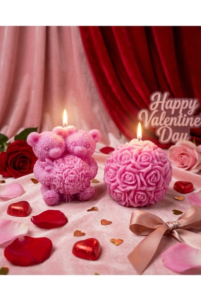 Raw Home Sevgililer Günü Hediyesi Pembe Çilek Kokulu 2’li Mum Seti – Çift Ayı...