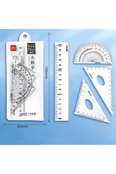 Deli مجموعة أدوات هندسية شفافة مكونة من 4 قطع، تتضمن مسطرة ومنقلة ومثلث، سهلة...