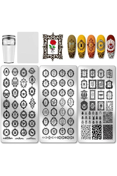 Choice AECH011-02613 3 قطع إطار زهور عتيق، لوحة ختم أظافر، قالب طباعة فن بنمط...