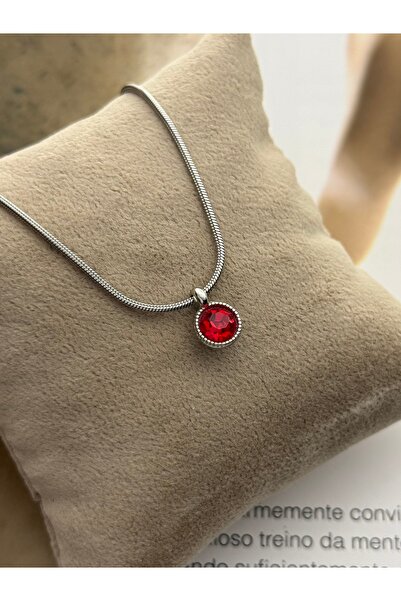 roshel Tarnish Resistant Steel Oval Red Stone Pendant Silver Color Unisex Nec...