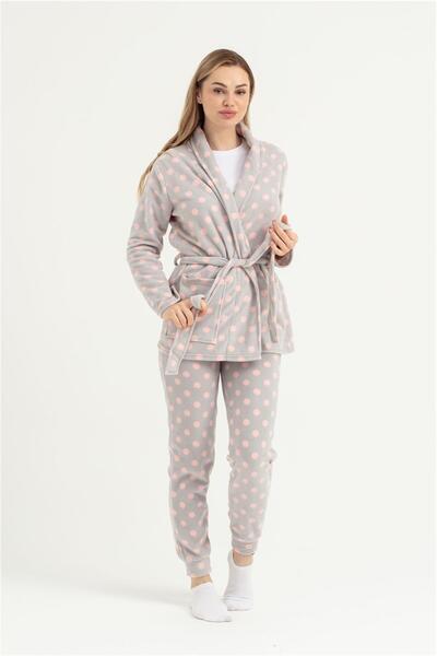 OBJE Women's Gray Polka Dot Fleece Long Sleeve Dressing Gown