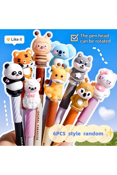 Choice مجموعة من 6 أقلام جل قابلة للمسح بأغطية كرتونية بتصاميم عشوائية، طقم ك...