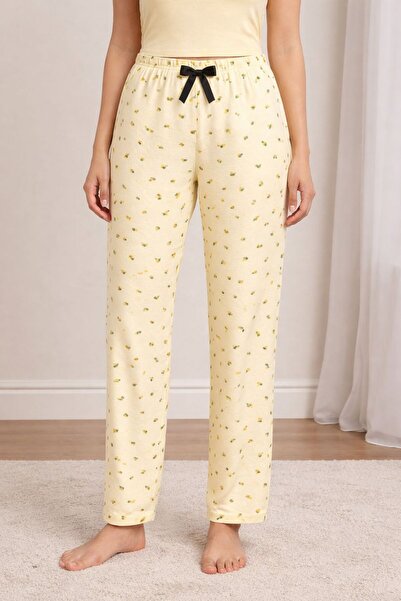 BLUE NIL KADIN LİMON DESENLİ PAMUKLU SİYAH KURDELE DETAYLI TEK ALT PİJAMA