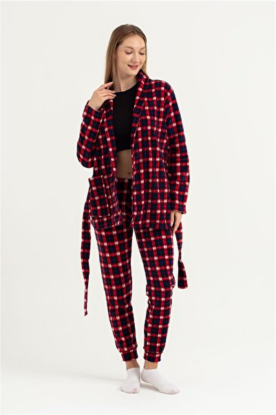 OBJE Women's Navy Blue Red Plaid Pattern Band-Leg Fleece Pajama Bottoms
