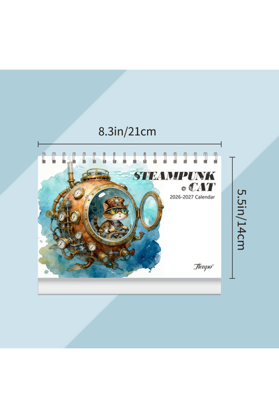 Choice تقويم مكتبي واحد لعامي 2026-2027، بتصميم قطة ستيم بانك، مخطط شهري لمدة...