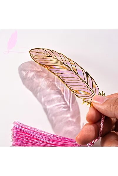 Choice فاصل كتب معدني وردي اللون على الطراز الصيني مزين بريشة طاووس شفافة وشر...