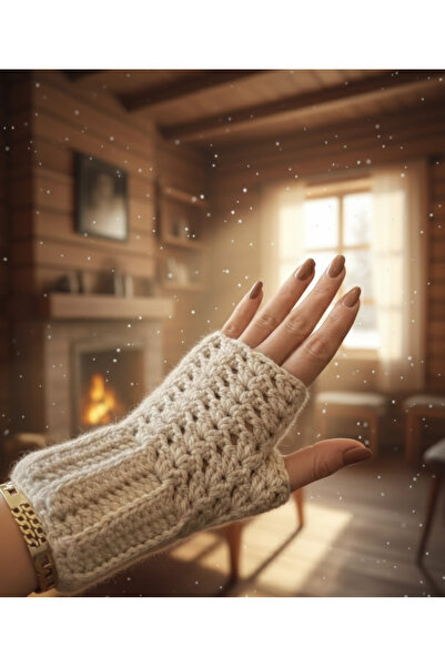 SHİRON WEAR Boho Stil Bej Yünlü Yarım Eldiven