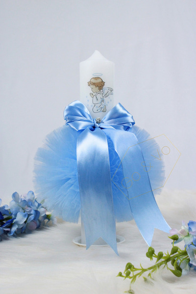 GoVo Kids Baptism Candle with Tulle, Baby Angel, 35x7 cm, Godfather Gift