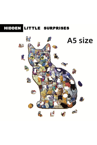 Choice S - A5 size Wooden Cat Puzzle with Irregular Shapes, Unique Feline Jig...