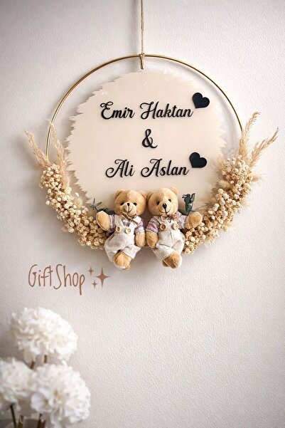 KB-GİFTSHOP dekoratif iki ayıcıklı cipso süslemeli krem renk boyalı gold kasn...