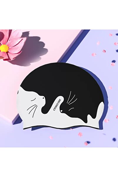 Choice Black-White-Cat Silicone swim cap, large swim cap, comfortable shower ...