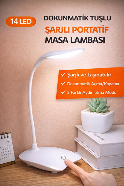 Ecuy Dokunmatik 14 LED Şarjlı Portatif Masa Lambası USB Akrobatik Beyaz Işık ...