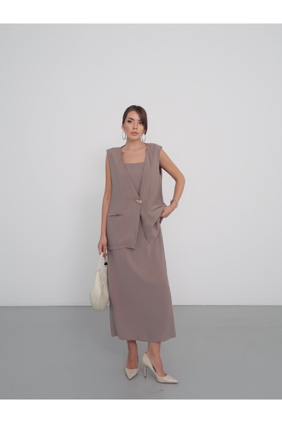 MAXXANA Strappy Dress and Oversized Vest with Button Detail Pockets Two-Piece...