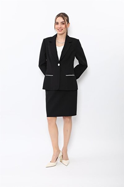 ÖNDER ÖZSOY Garnili Single Button Classic Jacket & Mini Slit Short Tight Skir...