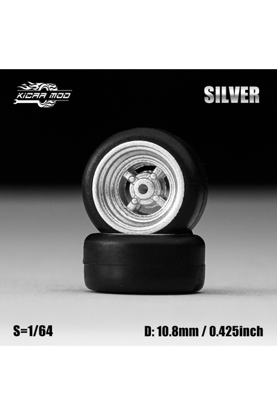 Choice MMW11 1/64 Model Car Silver & Grey Wheels with Fixed Rubber Tires Come...