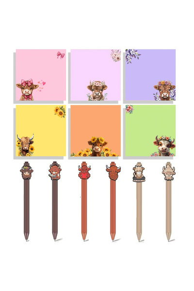 Choice 12 Pcs 12pcs/Cute Highland Cow Print Pen and Sticky Note Set Black Ink...