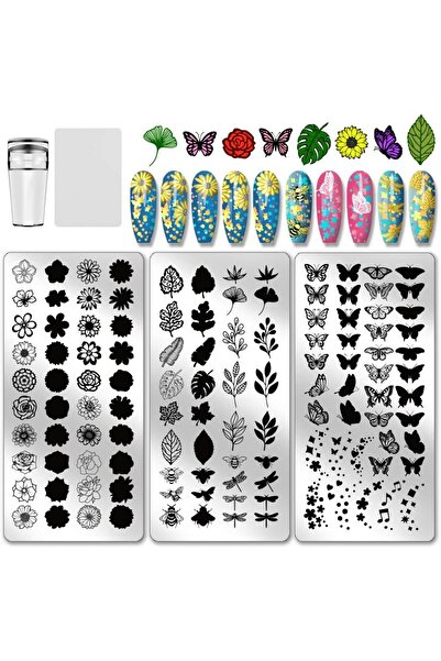 Choice AECH011-02683 3 قطع قوالب ختم الأظافر بتصميمات حشرات ونباتات وأوراق زه...