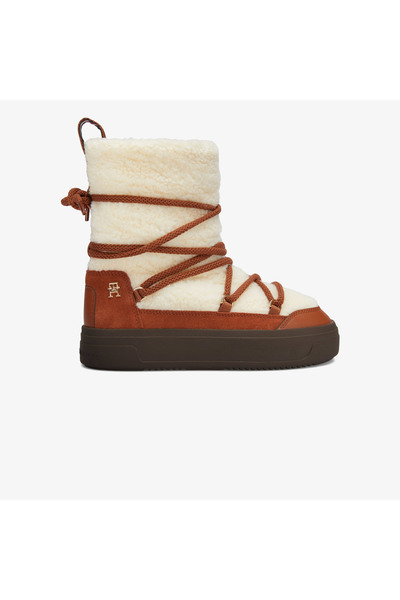 Tommy Hilfiger Lace-Up Faux Shearling Kadın Kahverengi Kar Botu