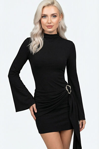 MİROR Women's Black Stand Collar Buckle Detailed Belted Mini Dress