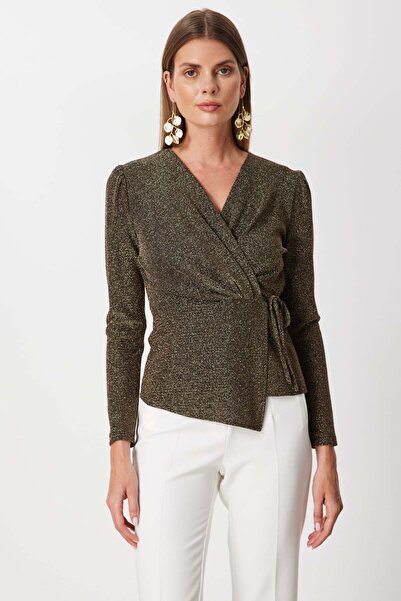 Mi Pret a Porter Mi Yandan Bağlamalı Kruvaze Yaka Simli Bluz