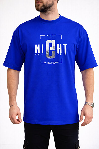 caddekombin Men's Night Center Text Printed Crew Neck Saks Blue T-Shirt