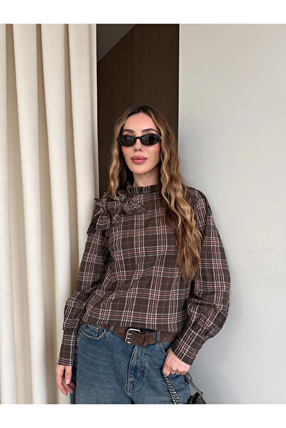 Laluvia Brown Shirt with Bow Detail on the Collar - 507