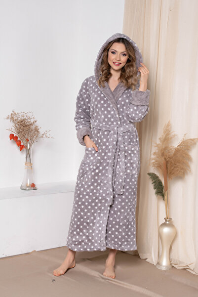 Massimo Monelli KADIN PUANTİYE BASKILI UZUN KAPSONLU VELSOFT-PELUSLU BORNOZ-S...