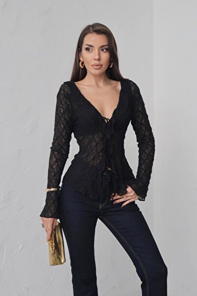 Mine Tan Butik Knitted Lace Shawl Collar Tie-Up Blouse - Black