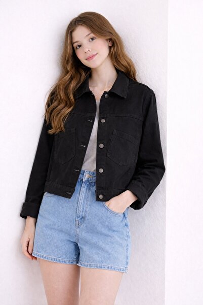 Cansın Mini Siyah Sırtı Düğme Detaylı Kız Çocuk Gabardin Kumaş Ceket 23568