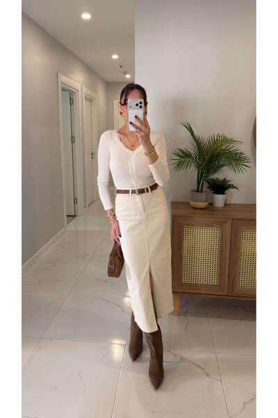 BİRCANÇİL Jesta Ecru Belted Skirt with Front Slit Detail