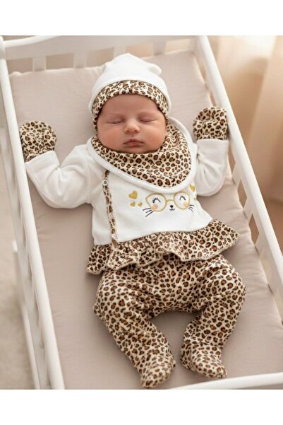 Ege Bebek Kız Bebek 5'li Leopar Detaylı Hastane Çıkışı Zıbın Seti , %100 Pamu...