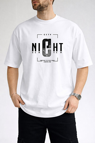 caddekombin Tricou alb cu gât rotund și imprimeu Night Center pentru bărbați