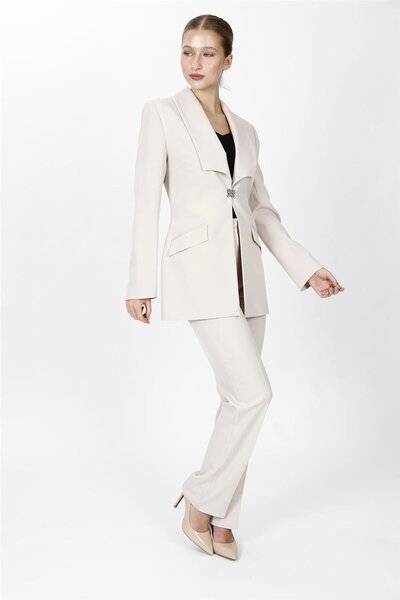 ÖNDER ÖZSOY بدلة نسائية أمريكية عصرية بياقة طويلة وسروال واسع مع جيوب - بيج