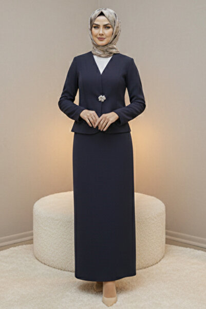 benguen Brooched Jacket Suit Z5726 Navy Blue