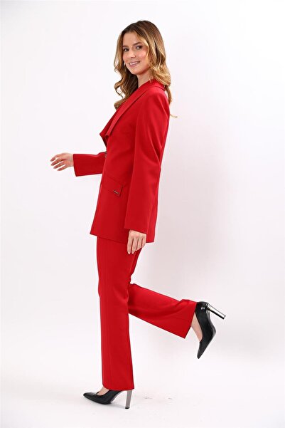 ÖNDER ÖZSOY بدلة نسائية أمريكية عصرية بياقة وسترة طويلة وسروال واسع الساق مع ...