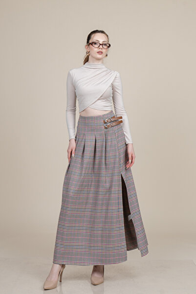 MissVina Royal Plaid Slit Skirt – Premium Plaid Maxi Skirt 6831