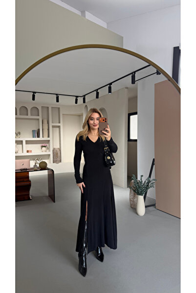 Sezgi Tekin Double Slit Detail Black Buzi Dress