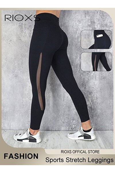 RIOXS بنطلون رياضي نسائي مطاطي، بنطلون يوغا بخصر عالٍ مع جيوب، بنطلون رياضي ش...