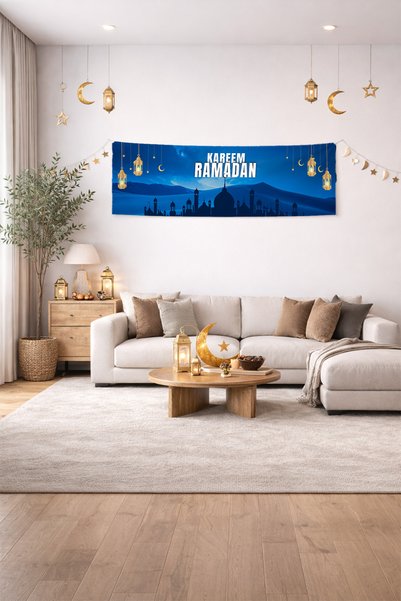 Charmbi مرحباً بكم في مدينة رمضان، لوحة جدارية مقاس 30×100 سم، لوحة جدارية خاصة لشهر رمضان، زينة جدارية