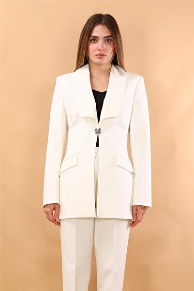 ÖNDER ÖZSOY American Collar Modern Long Women's Jacket-White - 1187100